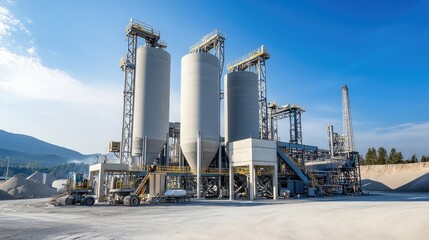 Industrial concrete plant with large silos and mixing equipment. Concrete mixing copy space.