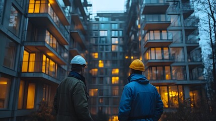 Fototapeta premium Engineers inspecting a high-rise building for earthquake safety discussing reinforcement plans futuristic architecture concept cinematic lighting depth