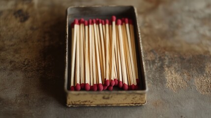 matchbox tray with a rough striking strip and classic wooden matches arranged inside, centered on a clean surface