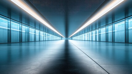 Fototapeta premium Long symmetrical corridor with modern lighting and polished floors, futuristic design. Architectural copy space.