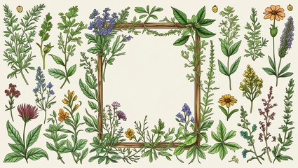 Botanical Illustration: A Frame of Diverse Wildflowers and Herbs