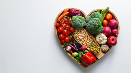 Various healthy food items arranged creatively in a heart-shaped bowl on a white background, emphasizing the importance of heart-healthy eating habits, with room for health and wellness messaging.