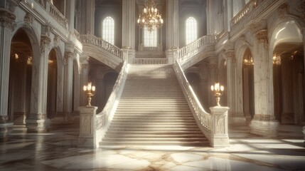 Fototapeta premium Monumental staircase made of marble with a grand architectural setting, soft lighting. Copy space.