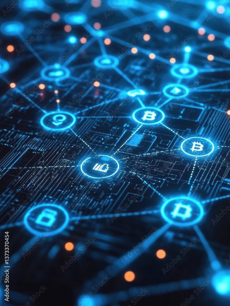 Leinwandbilder Futuristic blockchain representation enhancing online shopping with glowing nodes and digital contract icons for seamless e-commerce transactions