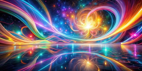 A Vibrant, Abstract Celestial Landscape with Swirling Nebulae and Reflective Surface Featuring a Kaleidoscopic Array of Colors and Light Trails