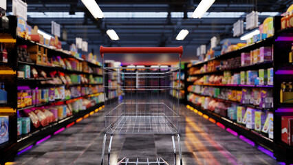 Supermarket aisle with empty red shopping cart. 3d illustration