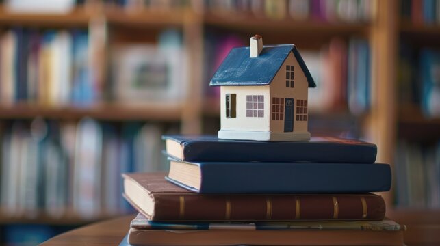 A small house model placed on a stack of books, suggesting education and achievement in homeownership.