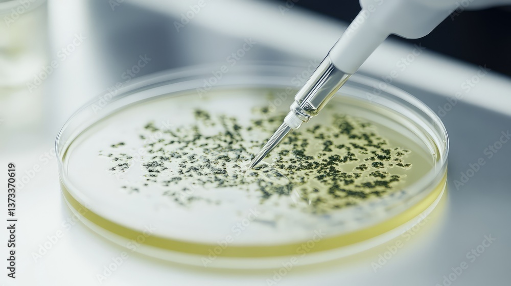 Poster petri dish with microbial growth and scientific instruments in a clean lab environment. empty backgr