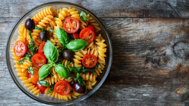 Vibrant pasta salad with tomatoes and basil on a rustic wooden table.
