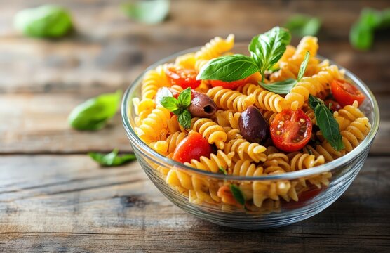 Delicious pasta salad with fresh basil and cherry tomatoes.