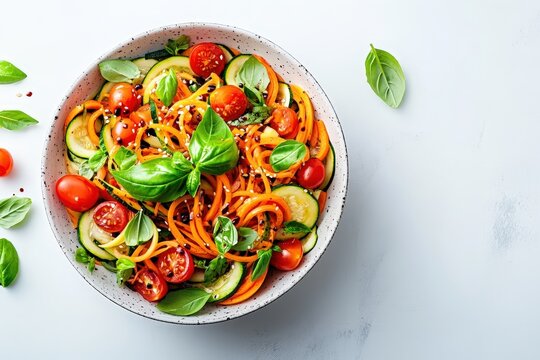 Colorful vegetable salad with fresh basil and cherry tomatoes.