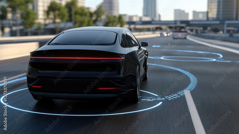 Poster rear view of an autonomous car driving on a modern road with advanced sensors visible, leaving space