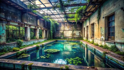 Enigmatic Ruins A Serene Pool Reflects the Sun Through a Decaying Glass Ceiling, Nature Reclaiming a Forgotten Structure