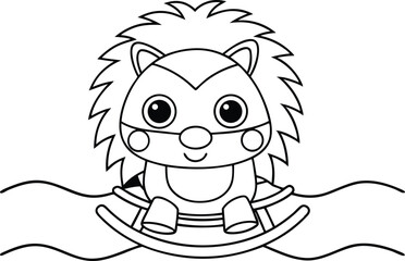 Line Art of Happy Hedgehog on Rocking Horse with Transparent Background Outlined