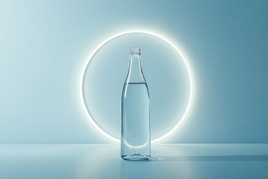 Stylish glass bottle with water illuminated by neon light.