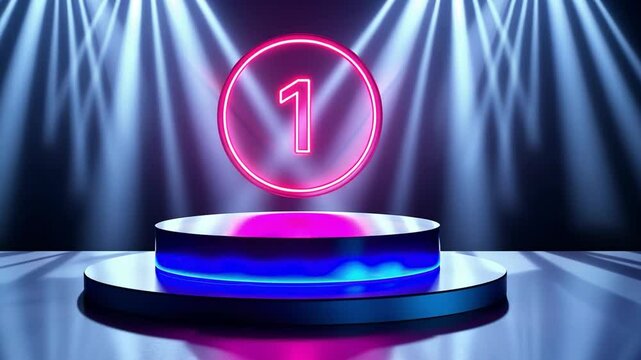Vibrant podium with glowing number one sign, illuminated by colorful neon lights, creates energetic atmosphere perfect for celebrations and competitions, showcasing outstanding performances.