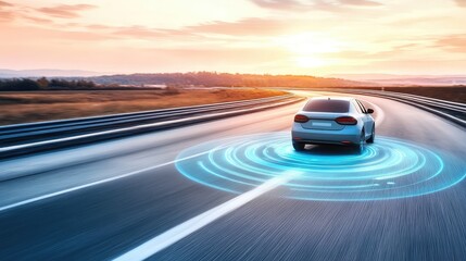 Side view of an autonomous vehicle driving along a smart road with digital signals guiding the way, offering space for copy.