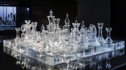glass chessboard, with elegant glass pieces that shimmer when light hits them, set against a dark backdrop