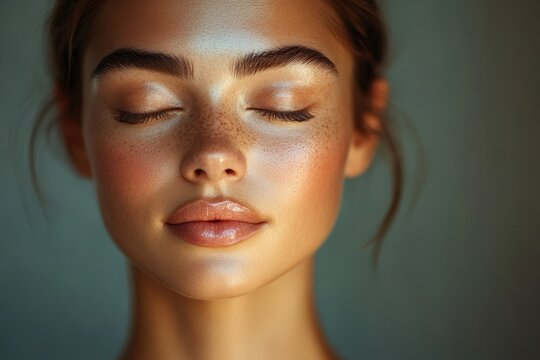 A serene beauty portrait showcasing natural skin glow and tranquility.