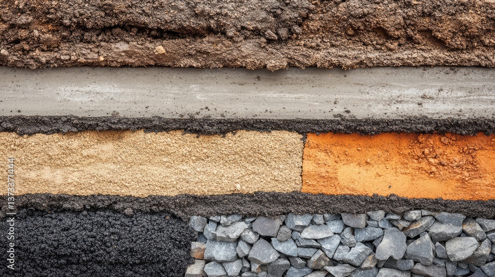 Poster stacked layers of asphalt mix in a cross-section, showing different materials. road construction cop