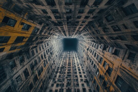A dramatic view upward in an urban building showcasing geometric lines.