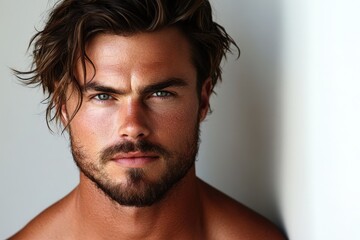 Fototapeta premium Striking close-up portrait of a handsome man with strong features.