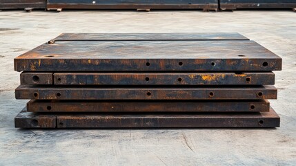 Fototapeta premium Stack of bridge expansion joints, neatly arranged at a construction site. Bridge construction copy space.