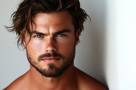 Striking close-up portrait of a handsome man with strong features.