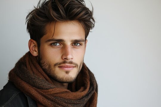 A stylish young man wearing a scarf in a modern portrait.