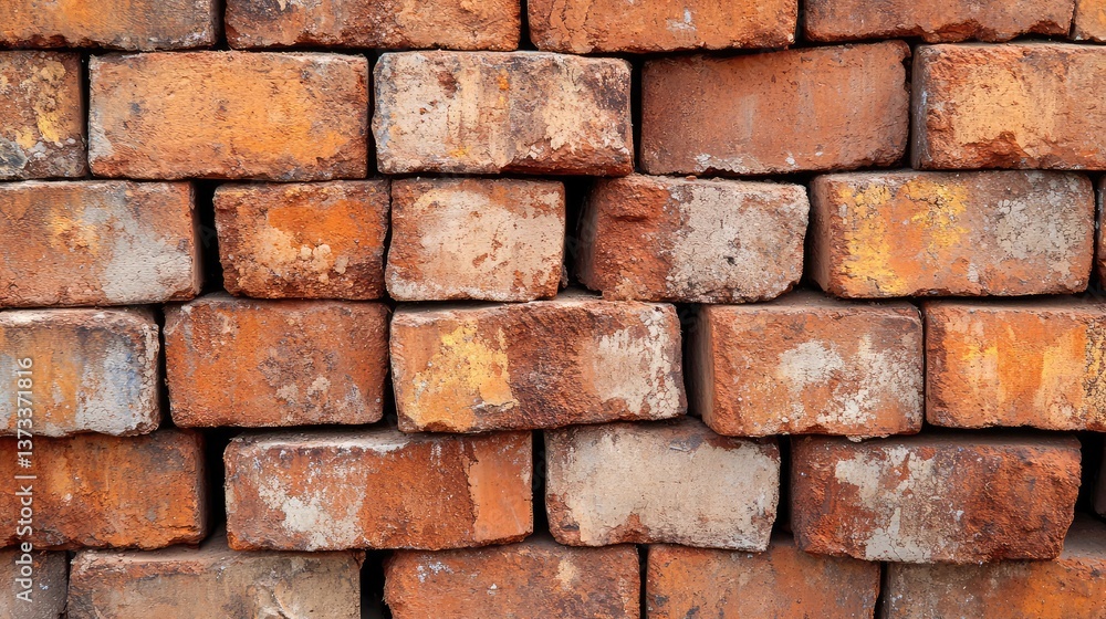 Poster stack of red clay bricks arranged neatly with rough textures, construction material background. copy