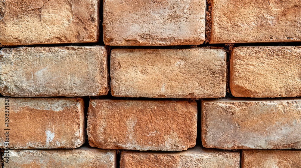 Poster stack of red clay bricks arranged neatly with rough textures, construction material background. copy