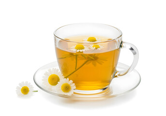 Glass Teacup with Bright Yellow Chamomile Tea on a White Saucer, Fresh and Inviting Isolated on White Background