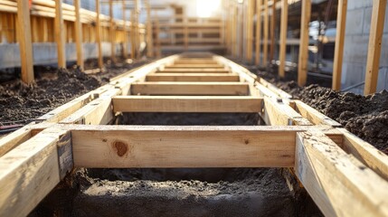 Naklejka na ściany i meble Temporary wooden bridge framework over a construction site. Bridge construction copy space.