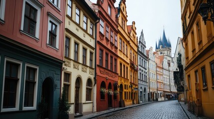 Obraz premium Traditional European street with old buildings, cobblestone path, and soft natural light. Architectural copy space.