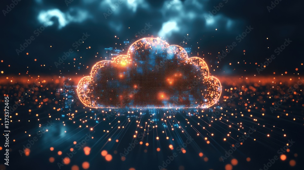 Poster virtual cloud network with floating data points and digital lights, providing space for creative tex
