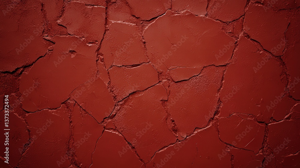 Poster a close-up view of a cracked red wall texture, showcasing intricate patterns and a distressed appear