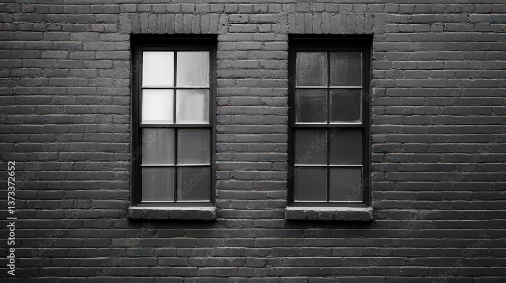 Poster a monochromatic image featuring two rectangular windows on a textured brick wall, showcasing a blend