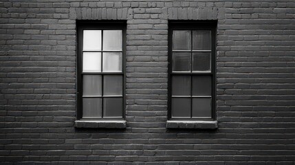 A monochromatic image featuring two rectangular windows on a textured brick wall, showcasing a blend of light and shadows.