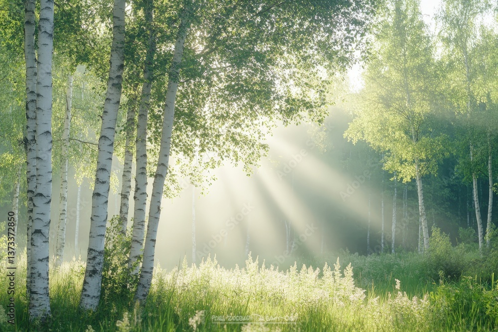 Aufkleber a serene forest scene featuring birch trees illuminated by soft sunlight filtering through the leave