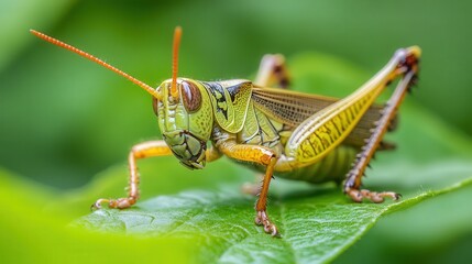 grasshopper perched on a vibrant green leaf, its mandibles actively chewing through the delicate surface.