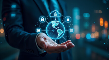 A businessman’s hand showcases a high-tech holographic globe, glowing with AI-driven cybersecurity locks, cloud computing symbols, and interconnected digital data points. 