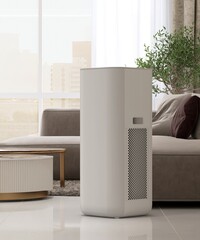 Modern, minimal air purifier in luxury living room with brown sofa on rug, coffee table, tree plant...