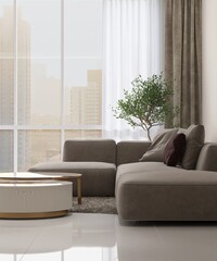 Modern, luxury living room with brown L shape sofa on high pile shag rug on white tile floor in sunlight on beige wall from blackout curtain for interior design decoration, product background 3D