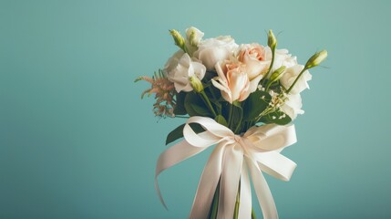 A conceptual image of a wedding bouquet wrapped in satin ribbon, against a plain background symbolizing the bride's style and elegance.