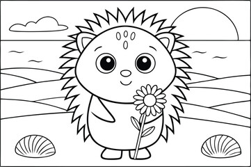 Cute Hedgehog with Flower, Outline Illustration, Coloring Book Style, Nature Scenery