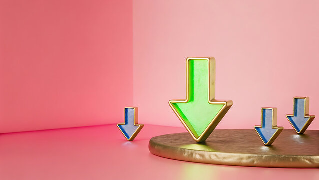Download Icon Green Arrow Pointing Down on Gold Platform with Pastel Pink Background - Powered by Adobe