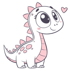 This adorable dinosaur features a round face, large expressive eyes, and pink accents, standing cheerfully against a plain white background, ideal for playful themes and designs