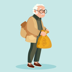 Elderly people holding money, money bags, concept of saving money for use in old age (Retirement savings)