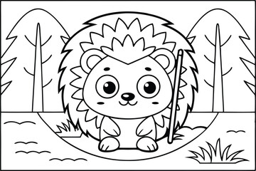 Cartoon Cute Hedgehog with Stick Outline Against Trees on Transparent Background