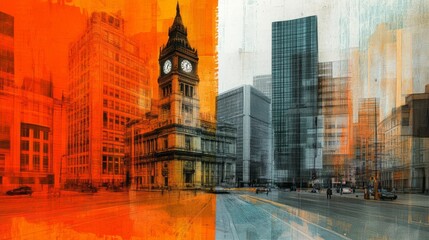 Fototapeta premium Half orange half blue city with clock tower building